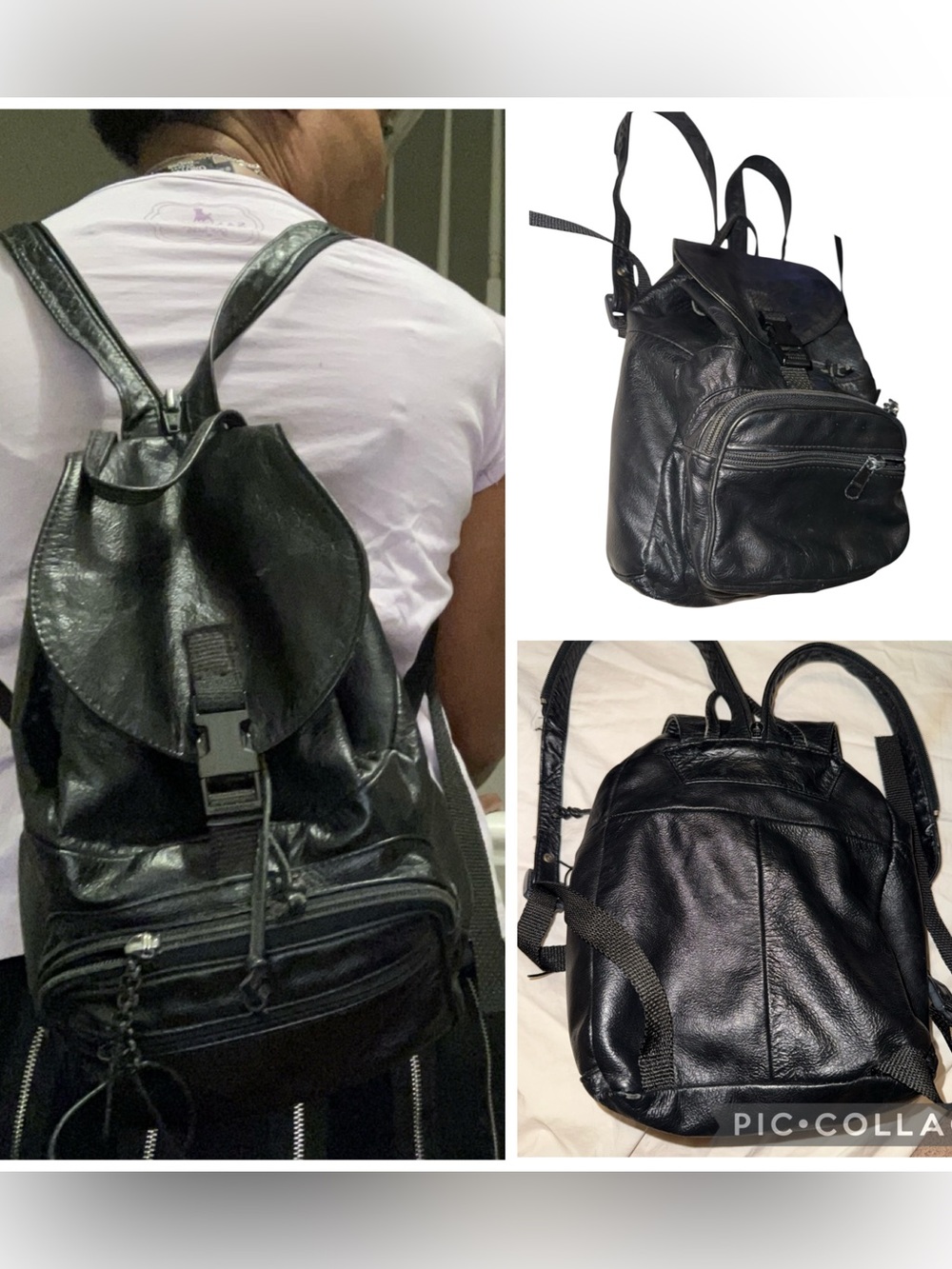 Vintage Dark Black Genuine Leather Bucket Drawstring Mini Backpack